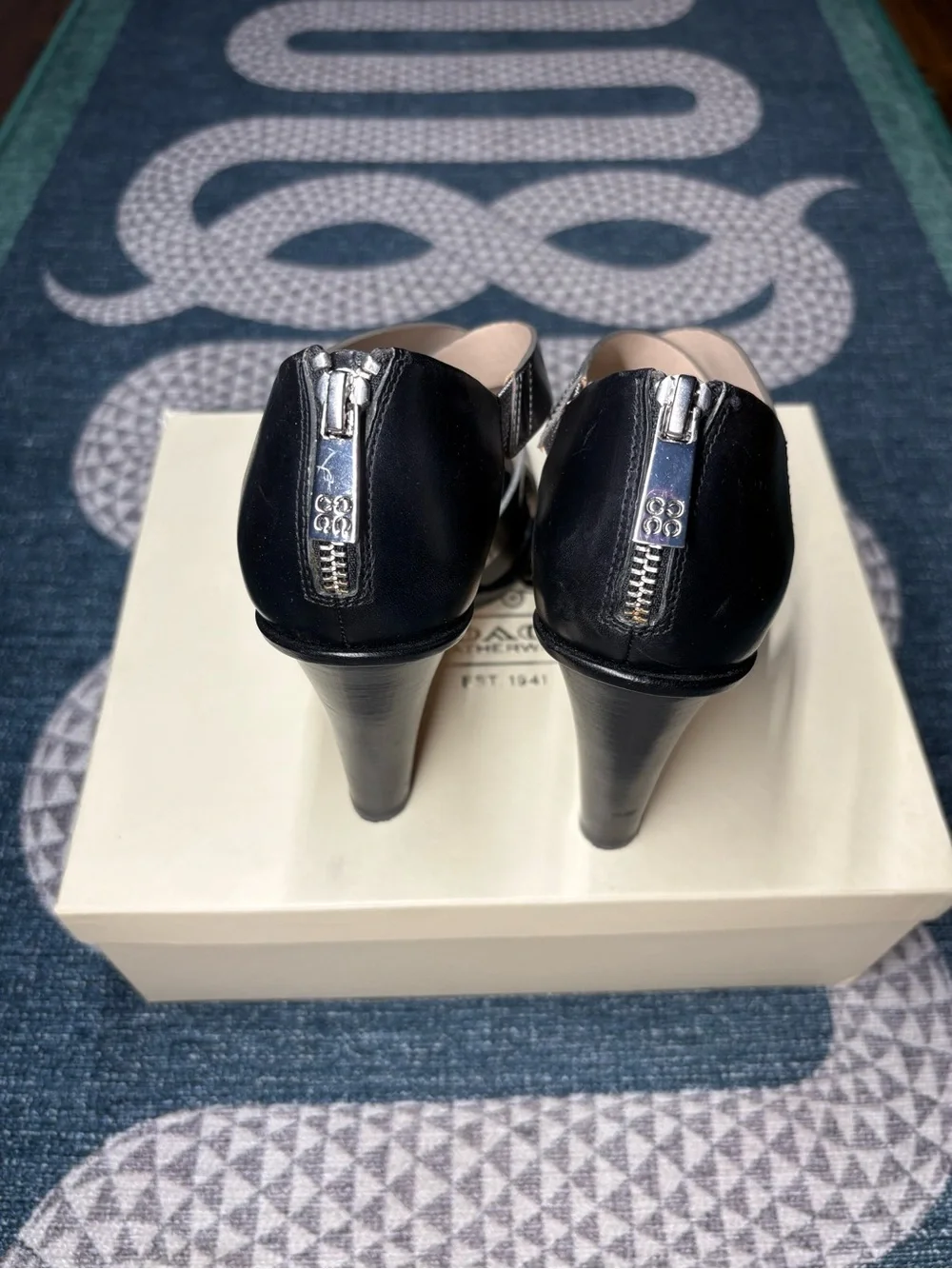 Coach Black Leather Heels with Snake-Print Accents